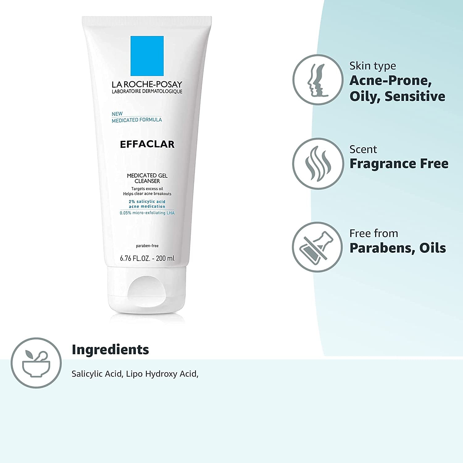 Effaclar Medicated Gel Facial Cleanser, Foaming Acne Face Wash with Salicylic Acid, Helps Clear Acne Breakouts and with Oily Skin Control, Oil Free, Fragrance Free