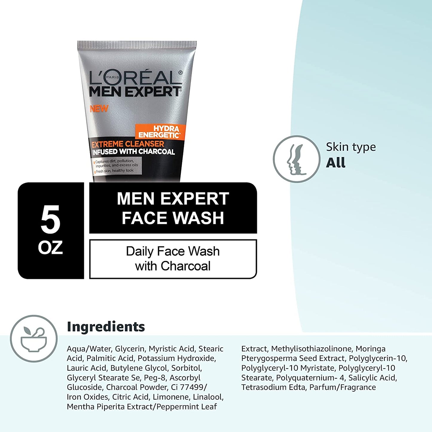 L'Oreal Men Expert Hydra Energetic Facial Cleanser with Charcoal for Daily Face Washing, Mens Face Wash, Beard and Skincare for Men, 5 Fl. Oz