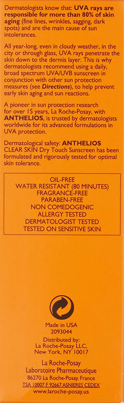 Anthelios Clear Skin Dry Touch Sunscreen SPF 60, Oil Free Face Sunscreen for Acne Prone Skin, Won'T Cause Breakouts