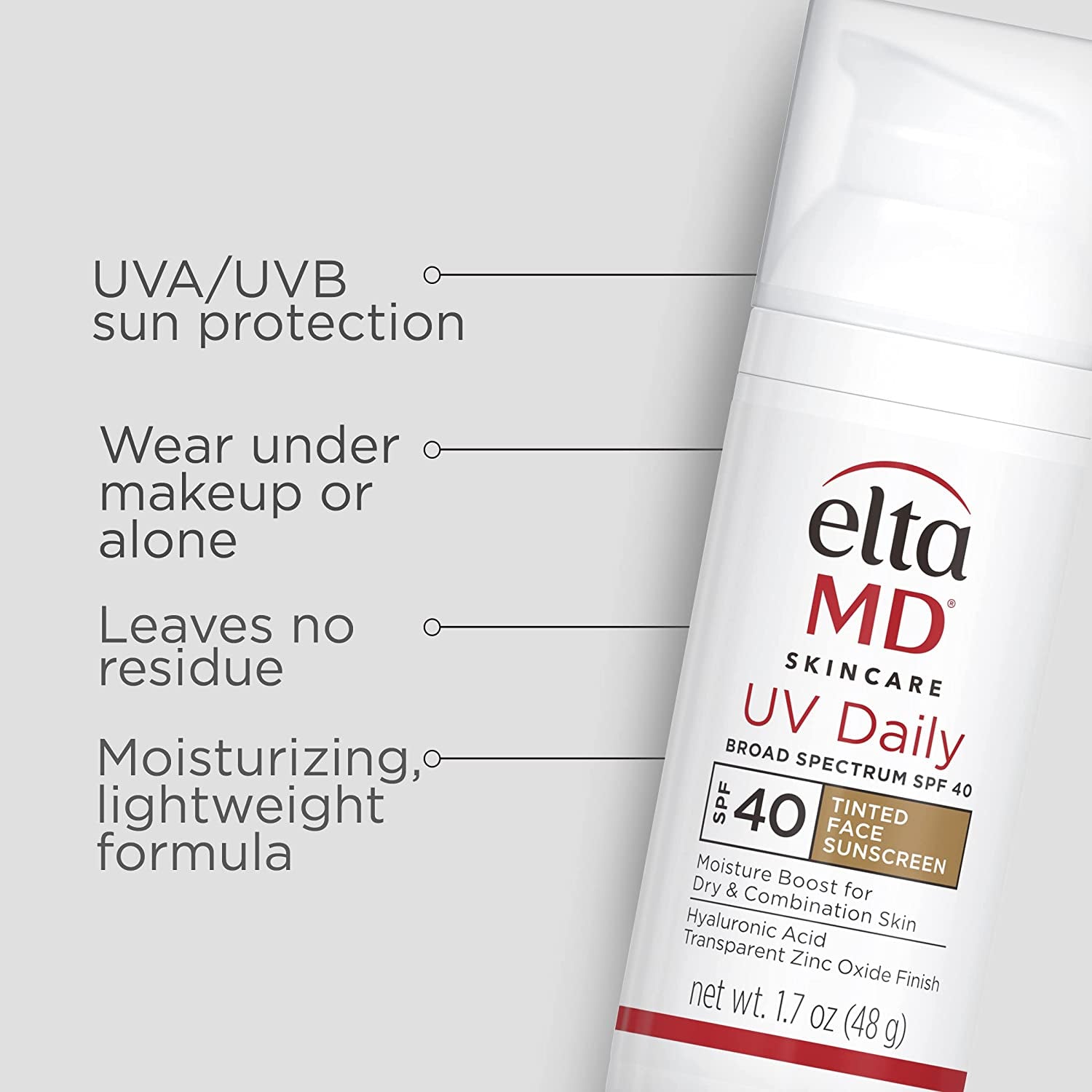 UV Daily Tinted Sunscreen with Zinc Oxide, SPF 40 Face Sunscreen Moisturizer, Helps Hydrate Skin and Decrease Wrinkles, Lightweight Face Sunscreen, Absorbs into Skin Quickly, 1.7 Oz Pump