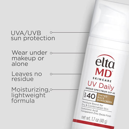 UV Daily Tinted Sunscreen with Zinc Oxide, SPF 40 Face Sunscreen Moisturizer, Helps Hydrate Skin and Decrease Wrinkles, Lightweight Face Sunscreen, Absorbs into Skin Quickly, 1.7 Oz Pump