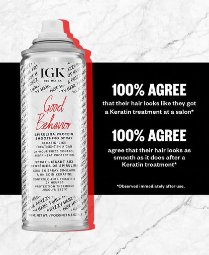 IGK GOOD BEHAVIOR Spirulina Protein Smoothing Spray | Keratin like Treatment + Frizz Control + Heat Protectant | Vegan + Cruelty Free |