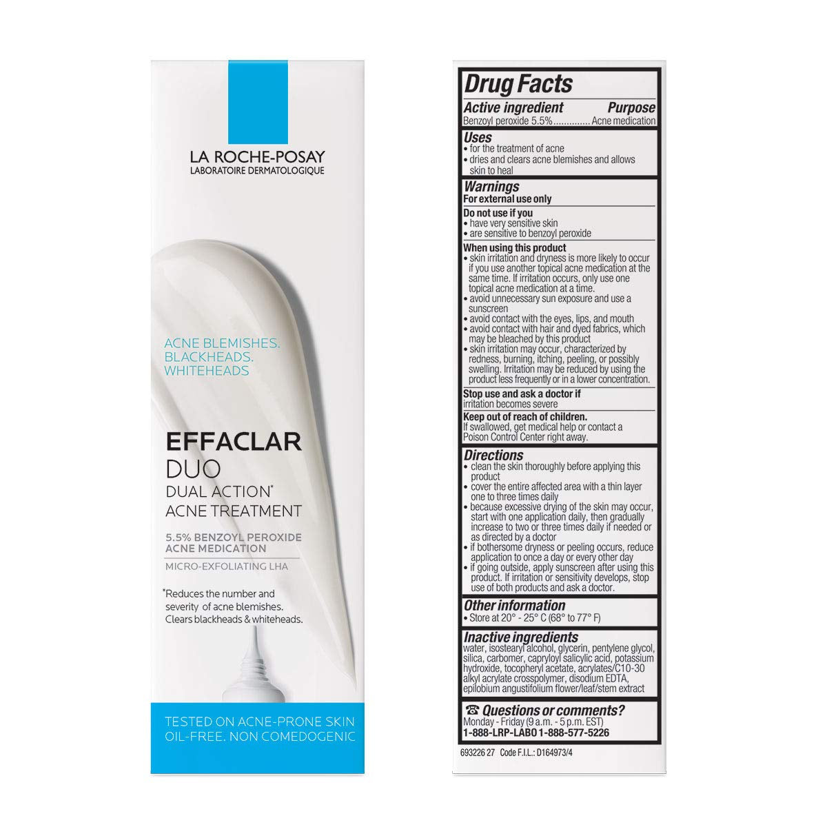 Effaclar Duo Dual Action Acne Spot Treatment Cream with Benzoyl Peroxide Acne Treatment, Blemish Cream for Acne and Blackheads, Lightweight Sheerness, Safe for Sensitive Skin