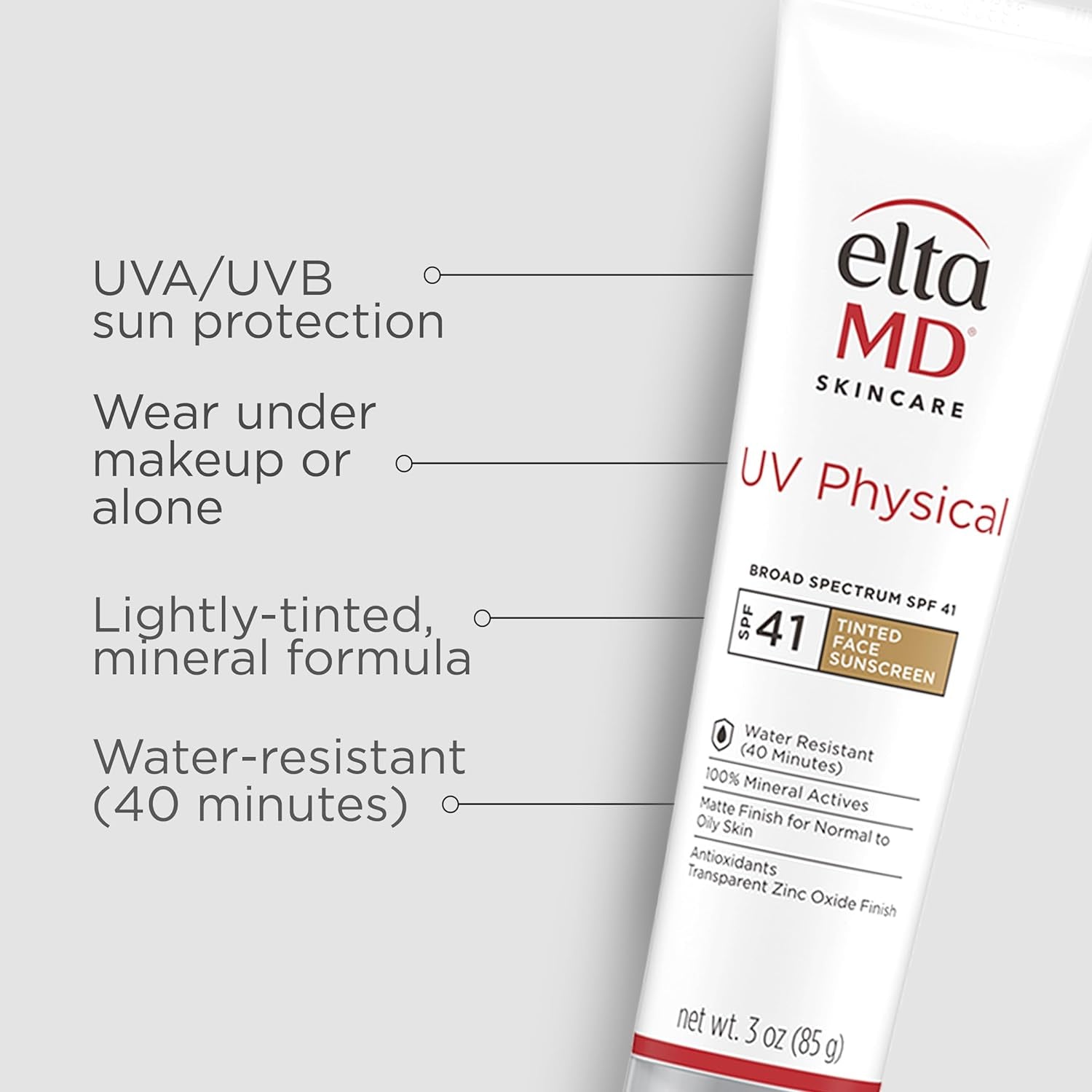 UV Physical Tinted Face Sunscreen, SPF 41 Tinted Mineral Sunscreen with Zinc Oxide, Water Resistant up to 40 Minutes, Protects Extra Sensitive and Post Procedure Skin, Oil Free, 3.0 Oz Tube