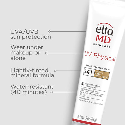 UV Physical Tinted Face Sunscreen, SPF 41 Tinted Mineral Sunscreen with Zinc Oxide, Water Resistant up to 40 Minutes, Protects Extra Sensitive and Post Procedure Skin, Oil Free, 3.0 Oz Tube