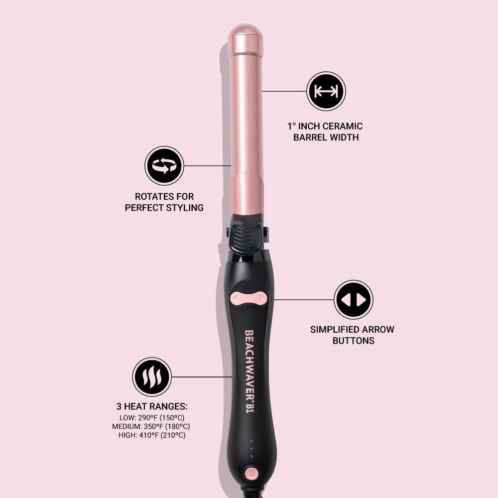 Beachwaver B1 Rotating Curling Iron in Midnight Rose | 1 Inch Barrel for All Hair Types | Automatic Curling Iron | Easy-To-Use Curling Wand | Long-Lasting, Salon-Quality Curls and Waves | Dual Voltage