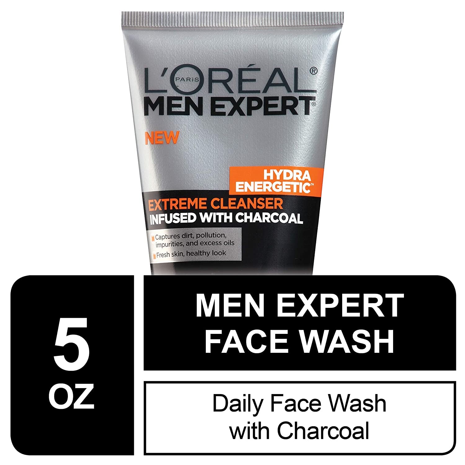 L'Oreal Men Expert Hydra Energetic Facial Cleanser with Charcoal for Daily Face Washing, Mens Face Wash, Beard and Skincare for Men, 5 Fl. Oz